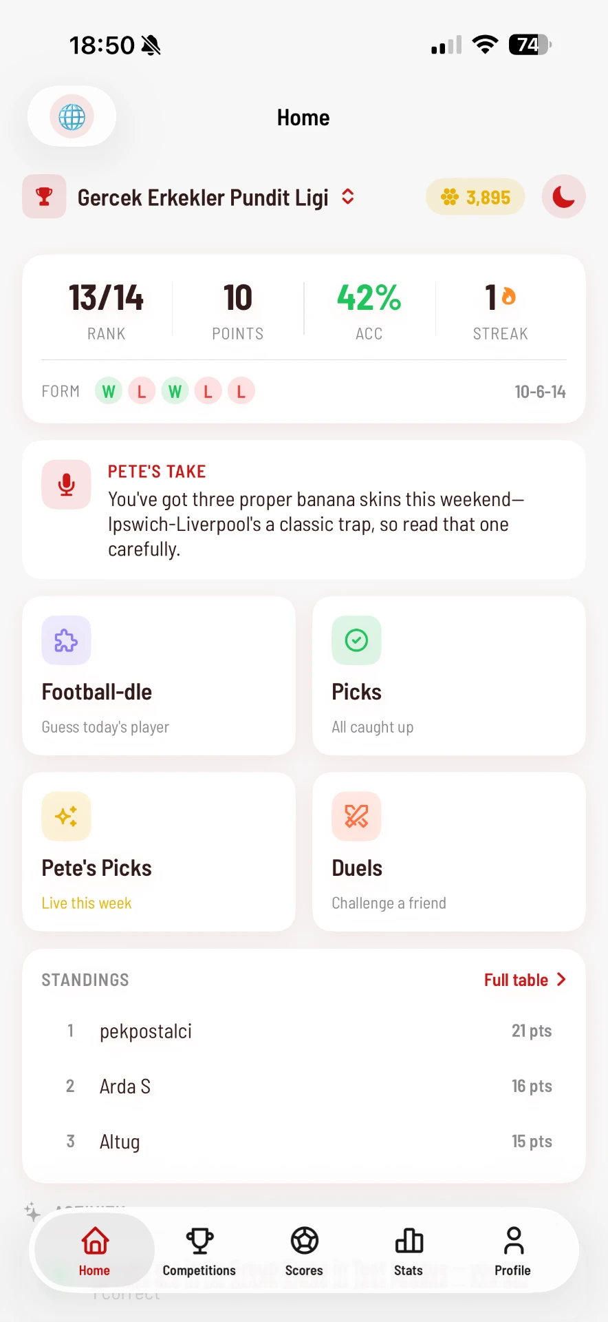 Pundit home screen showing rank, points and league standings